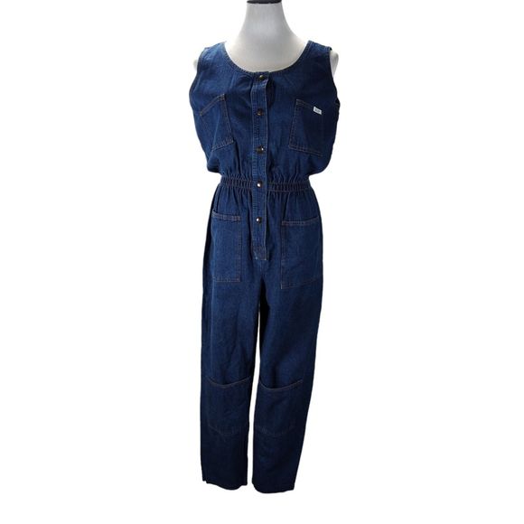 Vintage 90s Blue Utility Jumpsuit Size S/M Denim Sleeveless Pockets Straight Leg - Picture 1 of 10